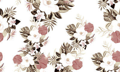 White Seamless Nature. Gray Pattern Hibiscus. Natural Tropical Palm. Floral Design. Spring Vintage. Flora Foliage. Flower Illustration. Watercolor Textile.