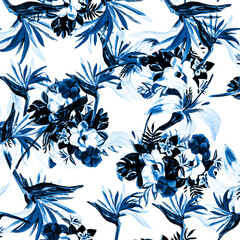 Indigo Pattern Palm. Azure Tropical Design. Cobalt Floral Painting. Blue Flora Background. Navy Decoration Hibiscus. White Wallpaper Leaf. Gray Spring Design.