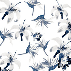 Gray Pattern Nature. Navy Tropical Vintage. White Floral Nature. Blue Flora Foliage. Azure Decoration Texture. Indigo Wallpaper Plant. Cobalt Spring Texture.