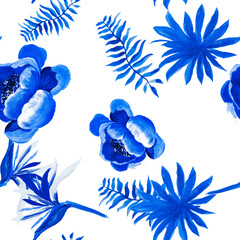 Fototapeta na wymiar Indigo Tropical Leaf. Navy Seamless Foliage. Cobalt Pattern Textile. Blue Drawing Exotic. White Floral Leaves. Gray Decoration Leaf. Decoration Exotic.