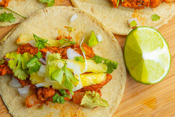 Mexican pork tacos al pastor close up macro