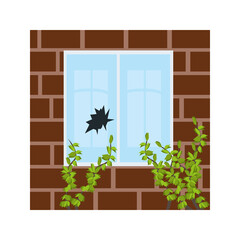 Broken window. Damaged or cracked glass. Sharp shards. Brick wall building facade with plants. Abandoned house. Vector
