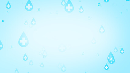 Medical health cross white on blue sanitizer drop pattern background.