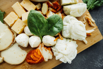 fresh basil leaves in cheese plate. set of homemade cheeses of different types. food content. cheese menu for the restaurant. selective focus