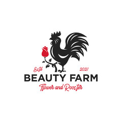 Fototapeta na wymiar Beauty Farm Logo Design Inspiration - Isolated vector Illustration on white background - Creative Vintage logo, icon, symbol, badge, emblem combination featuring a flower and rooster
