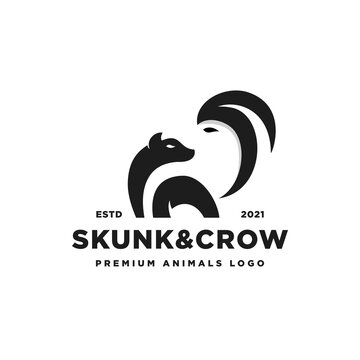 Skunk and Crow Logo Design Inspiration - Isolated vector Illustration on white background - Creative negative space logo, icon, symbol, sticker, emblem, badge combination featuring a skunk and crow