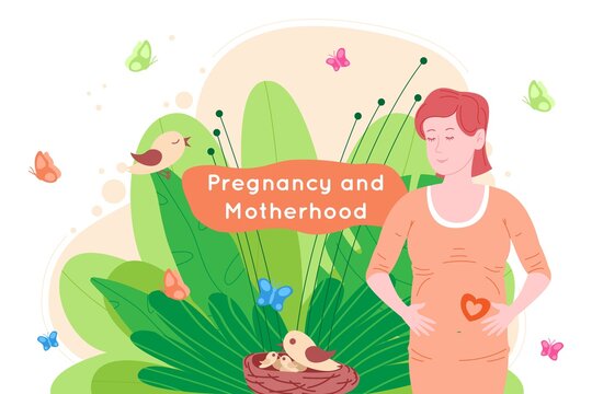 Pregnancy, motherhood concept banner. Pregnant and happy beautiful young woman holds her belly, which depicts a heart as a symbol of a baby in the womb. Flat cartoon vector illuspregnant woman concept