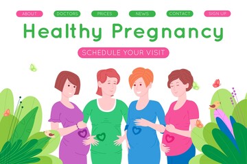 Pregnancy, motherhood concept banner. Group of pregnant and happy beautiful young women holds their bellies, which depicts a heart as a symbol of a baby in the womb. Flat cartoon vector illustration. 