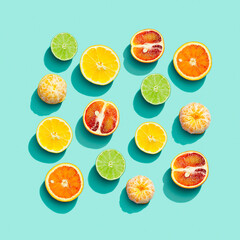 Colorful fruit pattern from fresh citrus, lemon, red orange, tangerine and lime on blue background. Summer food.
