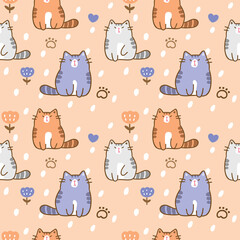 Seamless Pattern with Cartoon Cat Illustration Design on Orange Color Background