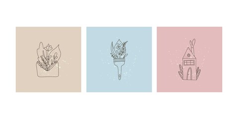 Floral line background. Hand drawn line leaves and flowers in letter, brush and home, modern boho spring summer season in pastel colors, poster wall art collection, vector social media posts