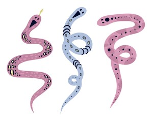 Obraz premium Snake set. Doodle hand drawn pink and blue snakes on white background, contemporary cartoon design collection, magic reptiles, decorative vector magic print or poster