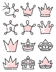 Doodle set crown line art, vector illustration.