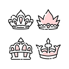 Doodle set crown line art, vector illustration.