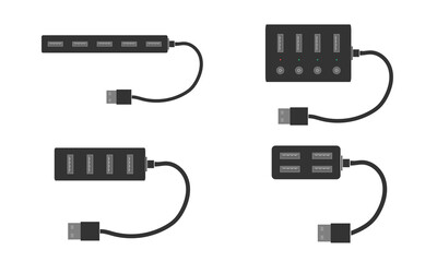 A complete set of modern USB splitters with ports and cable. USB hub for your computer or laptop. Flat vector illustration