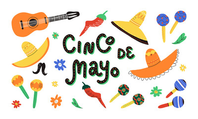 Cinco de mayo design elements set. Fifth of the May on Spanish lettering, Mexican sombrero, maracas, chili, guitar etc