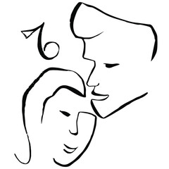 Abstract face line art. Passion couple and kissing man and women illustration. Female boho composition