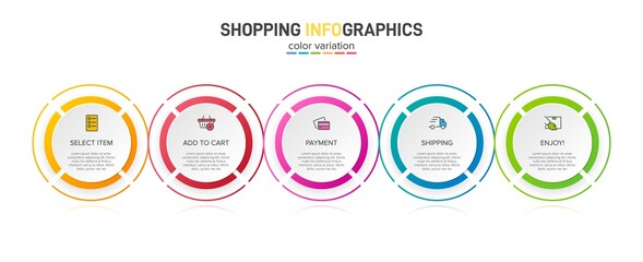 Concept of shopping process with 5 successive steps. Five colorful graphic elements. Timeline design for brochure, presentation, web site. Infographic design layout.