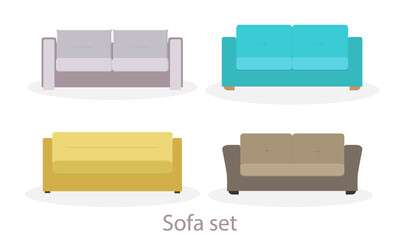 A set of sofas in different colors and modern style. Minimalistic furniture style. Flat vector illustration