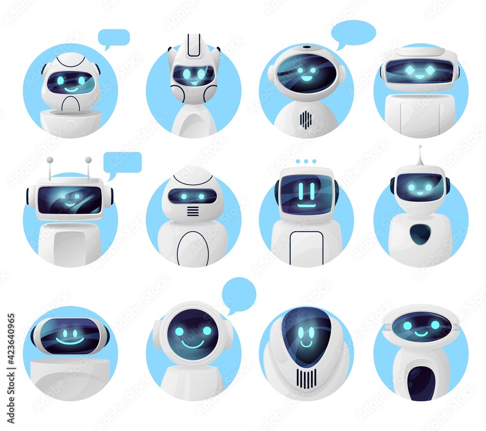 Poster bots, chat robots or chatbot icons, vector virtual ai of service support. chat bot icons with messag