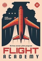 Flight academy retro vector poster. Modern plane flying in sky, airplane aviation school airline career pilot flight training program. Educational courses for aviators and fliers advertising card © Vector Tradition