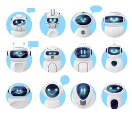 Bots, chat robots or chatbot icons, vector virtual AI of service support. Chat bot icons with message bubbles and smile faces, digital messenger, smart assistance and service center communication - obrazy, fototapety, plakaty