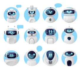 Fotobehang Bots, chat robots or chatbot icons, vector virtual AI of service support. Chat bot icons with message bubbles and smile faces, digital messenger, smart assistance and service center communication © Vector Tradition