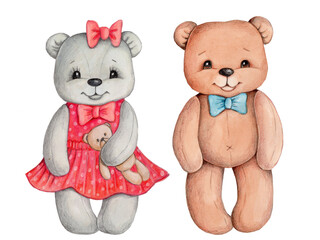 Cute cartoon toy animals teddy bears boy and girl, hand drawn watercolor illustration for children. Isolated on white background.