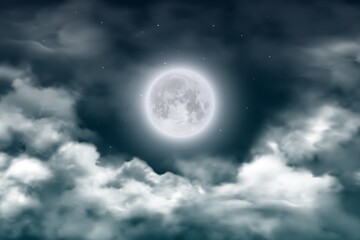 Naklejka na ściany i meble Moon in night sky with clouds and stars. Vector realistic full moon on dark midnight heaven. Starry outer space with bright glow satellite planet and moonlight at mystical fog. 3d twilight landscape