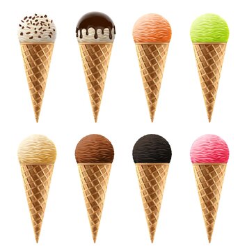 Ice cream in waffle cones realistic 3d vector icons. Sweet creamy dessert of various flavors with sprinkles and toppings. Chocolate, fruit or yogurt icecream balls isolated on white background set