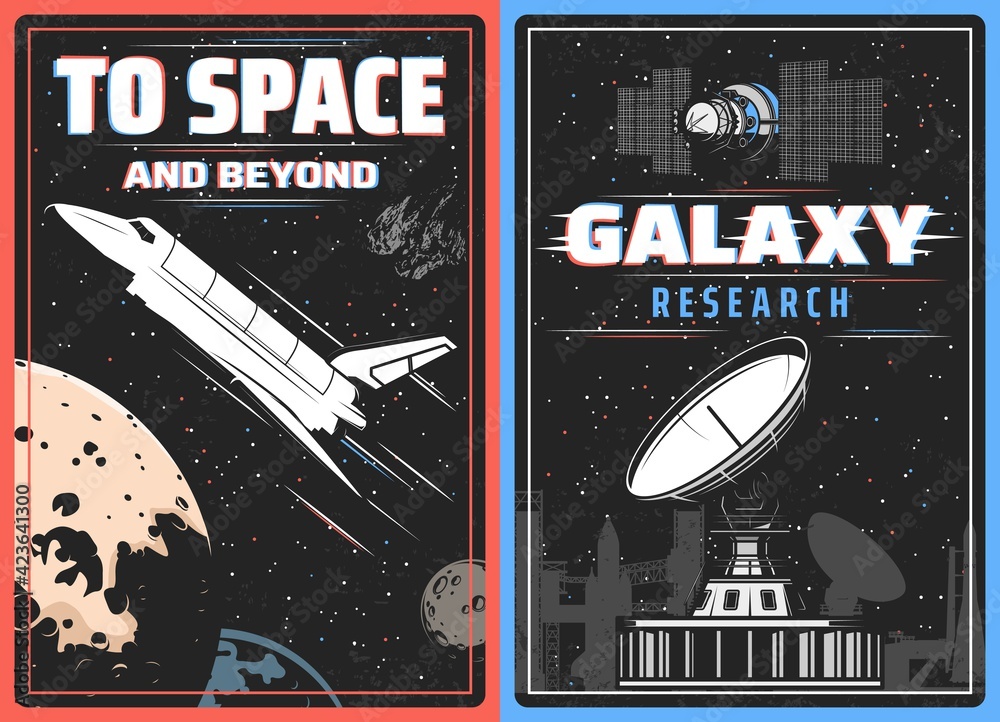 Poster Galaxy research, outer space exploration retro vector poster with glitch effect. Spaceship explore cosmos vintage card with shuttle on planet orbit, satellite in universe or cosmic observatory antenna