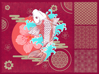 Abstract Art Japanese Flying KOI Carp Fish with Water Splash Surrounded and Vector Graphics Ornaments With Traditional Motives, Sun with Flower, Golden Simple Clouds Template Design for Wrapping Paper © j