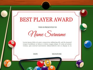 Billiard tournament best player diploma or certificate template. Billiards competition, snooker championship or club contest winner diploma with balls, cue and triangular rack on table vector © Vector Tradition