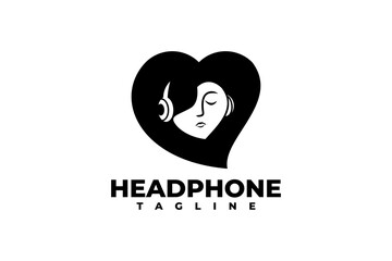 illustration of a girl using a headphone. love music logo vector illustration template.