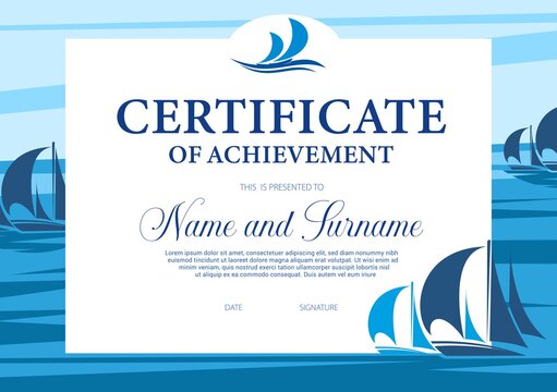 Certificate Of Achievement In Yacht Regatta, Diploma Vector Template. Sea Sailing Victory Celebration Award Border Design With Sail Boats On Ocean Waves. Diploma For Race Participation Or Best Result