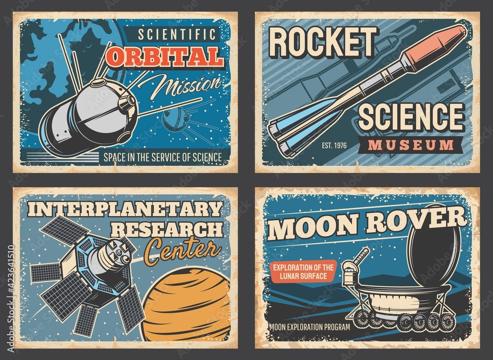 Poster space rocket, astronaut rocket and moon rover posters, vector retro vintage. spaceship flight and un