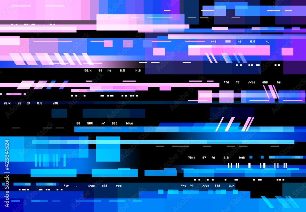 Poster Glitch screen with pixels digital noise, vector background. No signal, distortion and glitch effect on display, neon blue red interference on TV or computer display, VHS video television