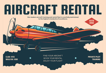 Aircraft rental plane flight training retro poster, private pilot service. Vintage airplane or propeller plane rental, aviation school and booking web site or landing page template