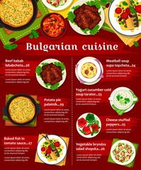 Bulgarian food cuisine menu, dishes and meals, vector Bulgaria restaurant meat kebab and lunch. Bulgarian traditional cuisine food dishes yogurt cucumber soup tarator and chopska salad with bryndza