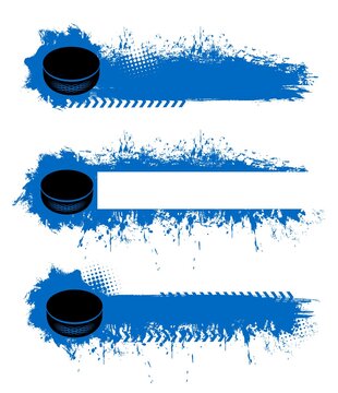 Ice hockey championship blank banners templates with rubber puck, blue paint or ink splatters, stains and smudges strokes, half tone vector texture. Ice hokey league game, team cup match icons