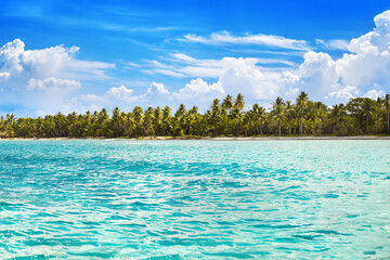 Tropical island landscape, turquoise sea water, ocean waves, green palm trees, yellow sand beach, blue sunny sky, white clouds, beautiful seascape view, summer holidays, exotic vacation, travel banner