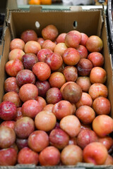 Ripe peaches in the store. Selective soft focus