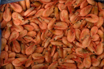 Frozen shrimp in a top view supermarket. Selective soft focus