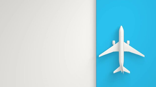 4K White plane on the blue runway. Top view and white background. Minimal idea concept. Aircraft travel concept. Arrival and departure 3d animation