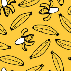 Vector yellow hand drawn scattered bananas fun doodle background pattern. Perfect for fabric, scrapbooking and wallpaper projects.