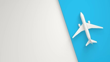 4K White plane on the blue runway. Top view and white background. Minimal idea concept. Aircraft travel concept. Arrival and departure 3d animation