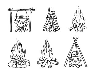 Set with different types of campfires.  Cooking appliances. Hand drawn outline illustration in doodle style. Vector