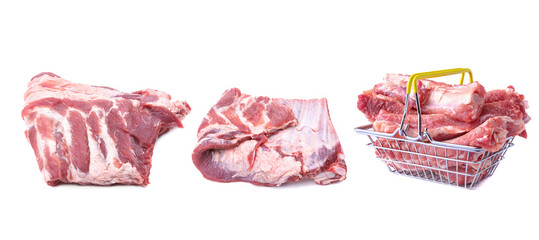 Meat set.Raw pork and beef ribs from different angles isolated on a white background.Selective focus.