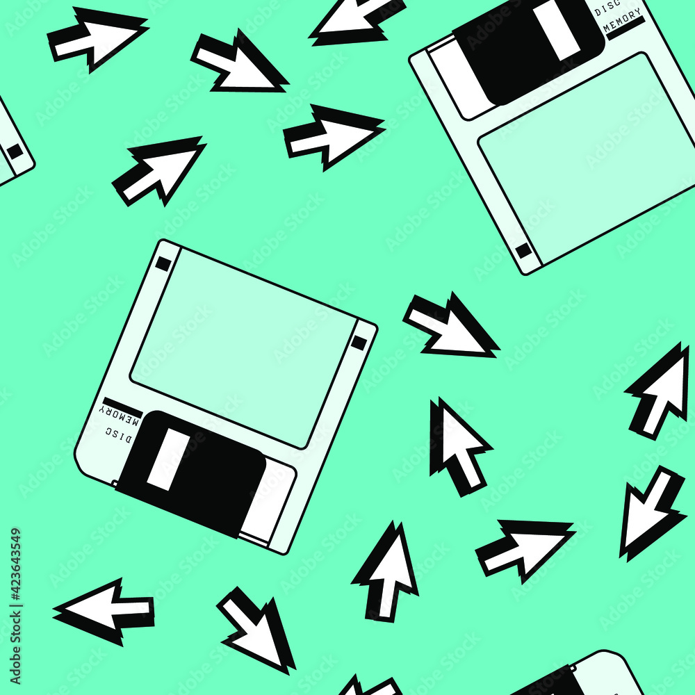 Poster Seamless pattern with colorful floppy disk  in vaporwave 90's retro style. Vector illustration for textile fabric print.