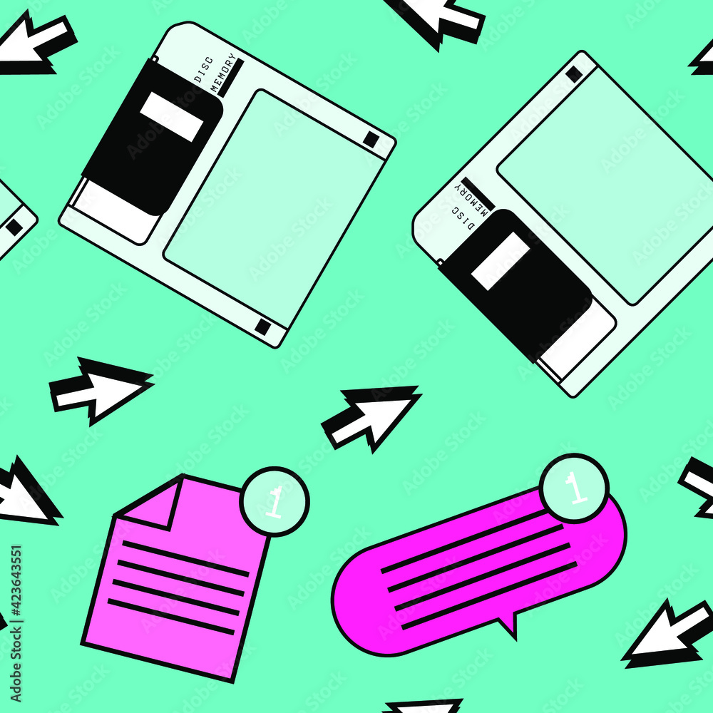 Poster Seamless pattern with colorful floppy disk  in vaporwave 90's retro style. Vector illustration for textile fabric print.